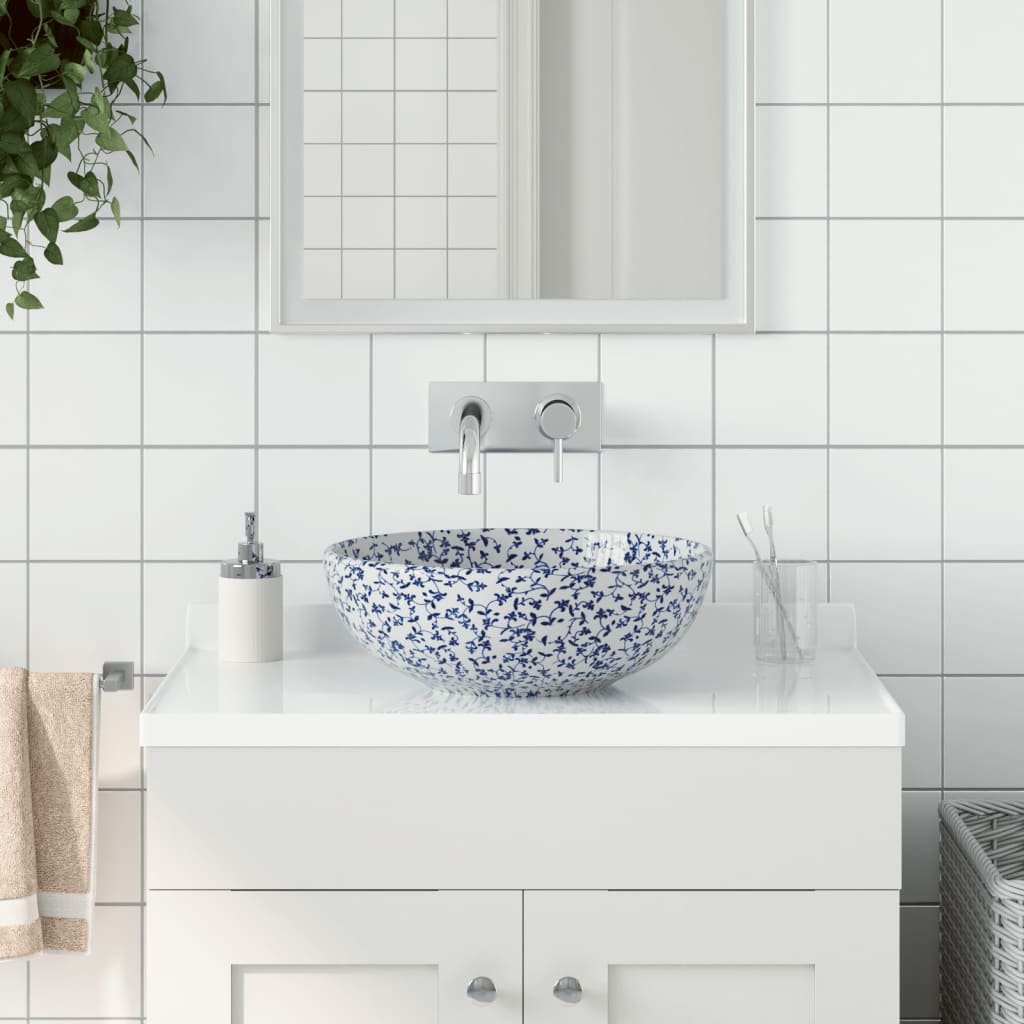 Pia de bancada redonda φ41x14 cm cerâmica azul e branco