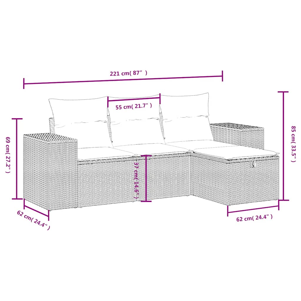 4 Pcs conjunto de sofás para jardim c/ almofadões vime PE preto