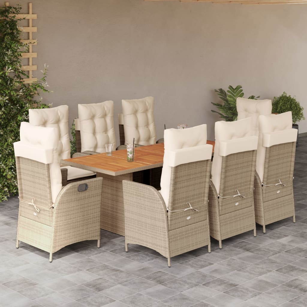 9 Pcs conjunto de jantar p/ jardim com almofadões vime PE bege