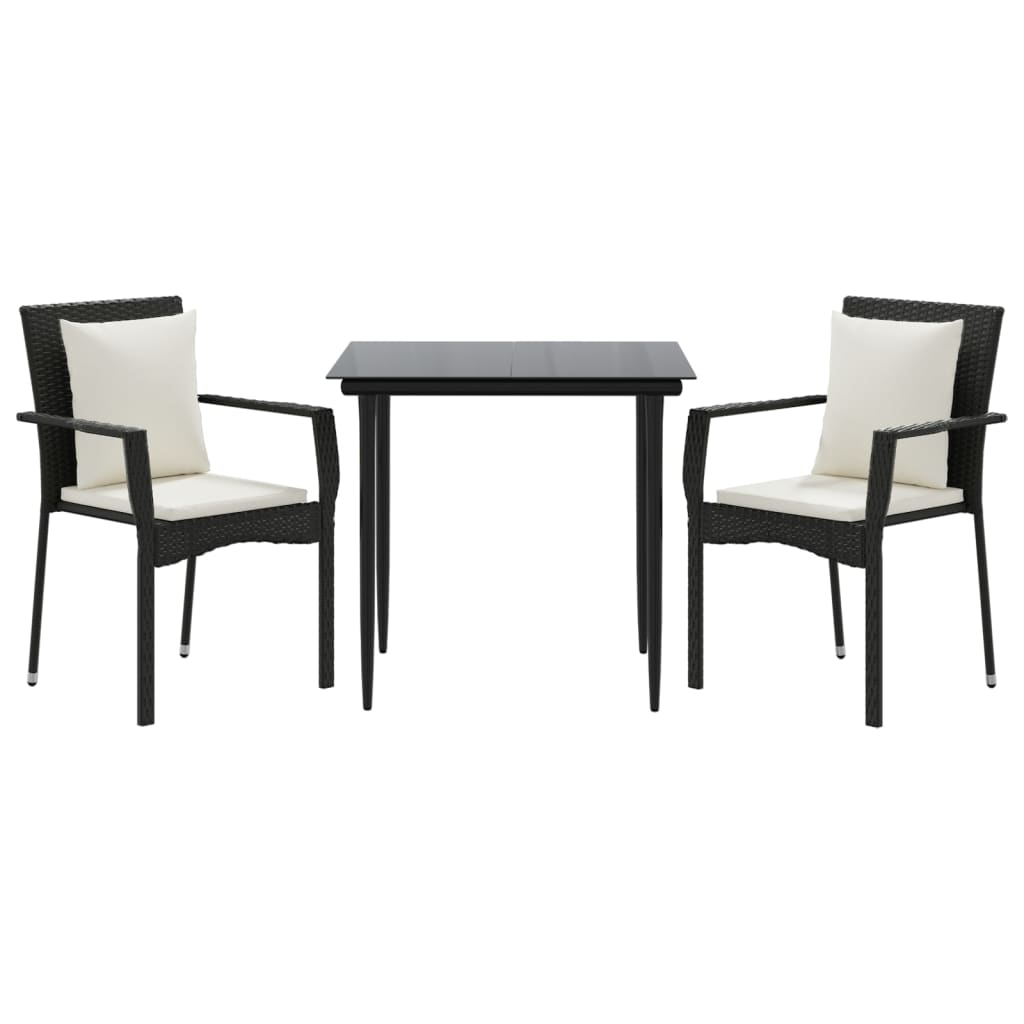 3 Pcs conjunto de jantar p/ jardim c/ almofadões vime PE preto