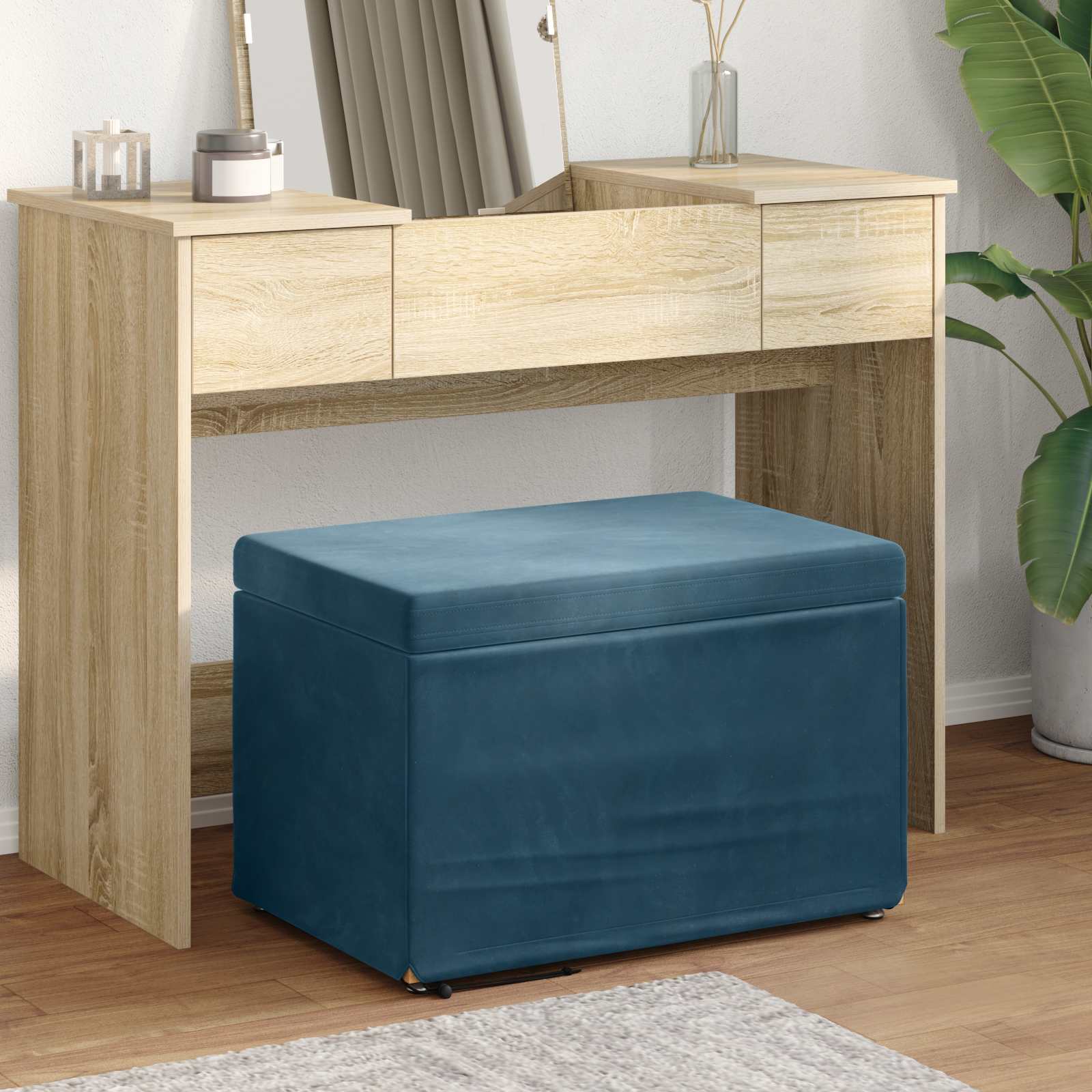 Banqueta azul 61 x 41 x 40 cm veludo e madeira de engenharia