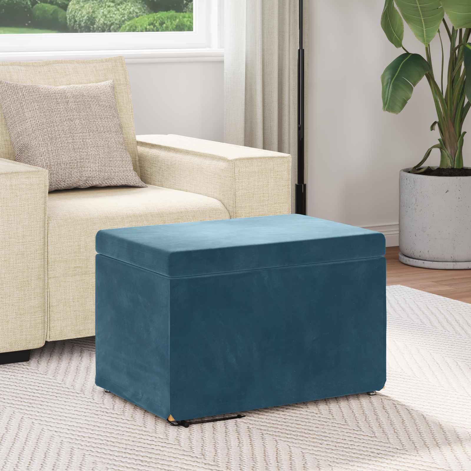 Banqueta azul 61 x 41 x 40 cm veludo e madeira de engenharia
