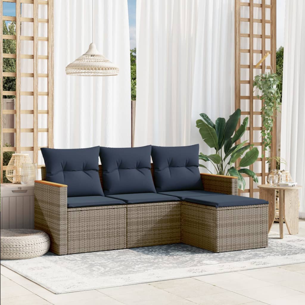 Conjunto de sofá de jardim com 4 peças e almofadas em rattan sintético cinza