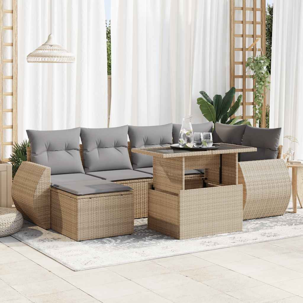 7 Pcs conjunto de sofás p/ jardim com almofadões vime PE bege