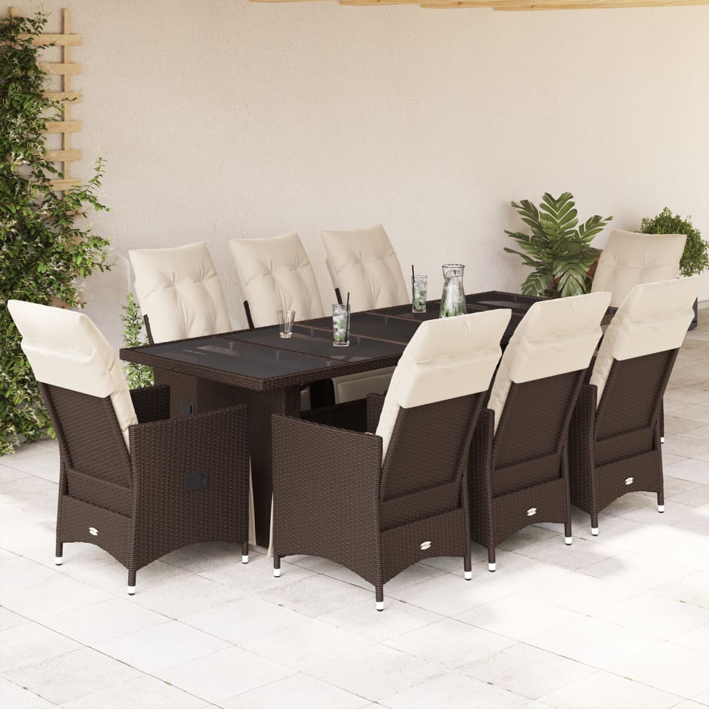 9 Pcs conjunto bistrô de jardim c/ almofadões vime PE castanho