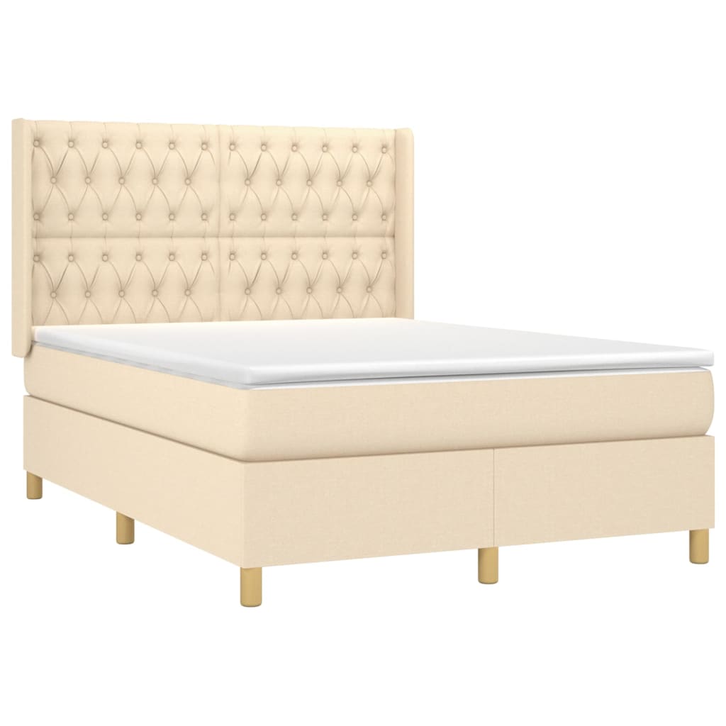 Cama box spring c/ colchão e LED 140x190 cm tecido cor creme