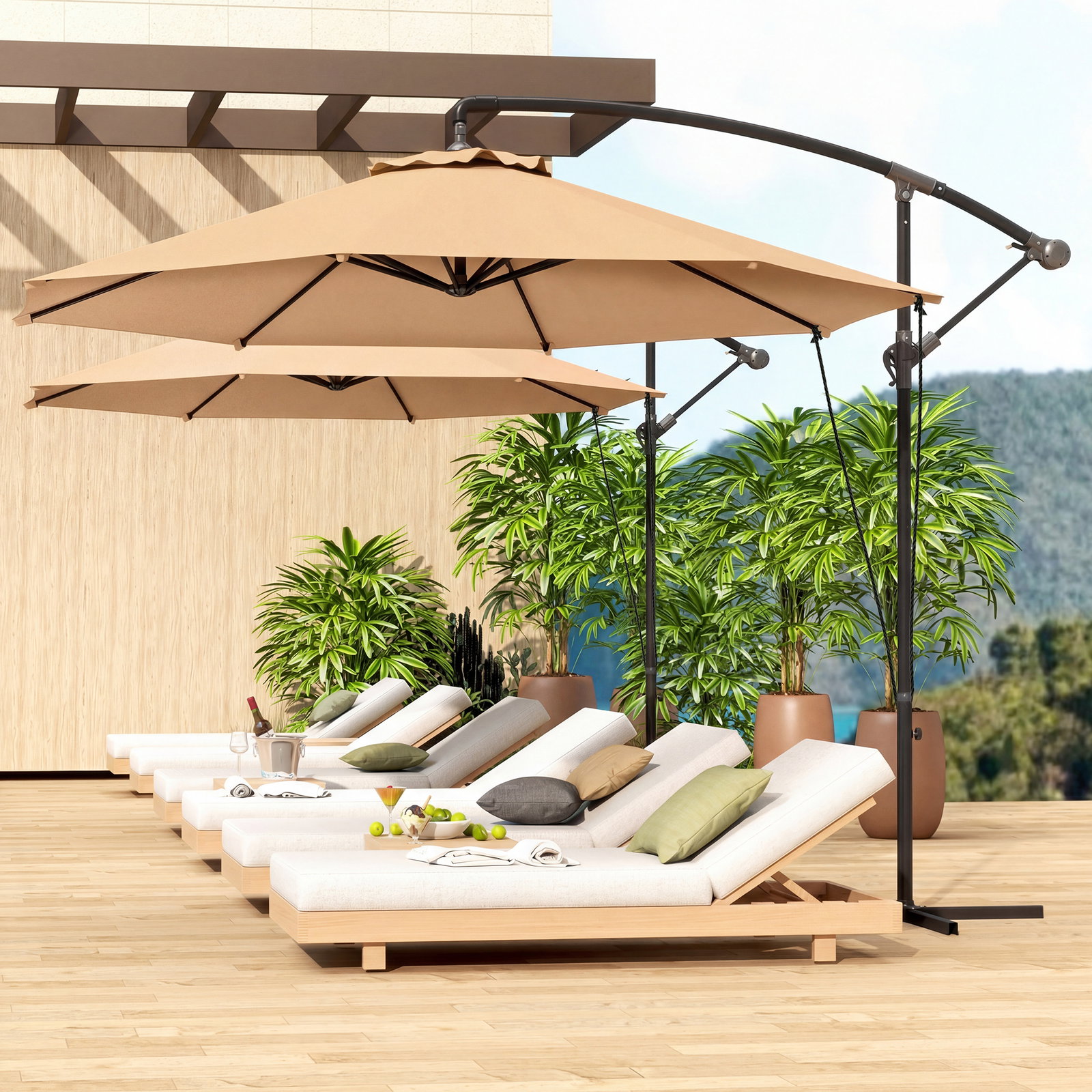 Chapéu de sol excêntrico ø 290 cm chapéu de sol de jardim com base cruzada capa de proteção e corda de vento cáqui