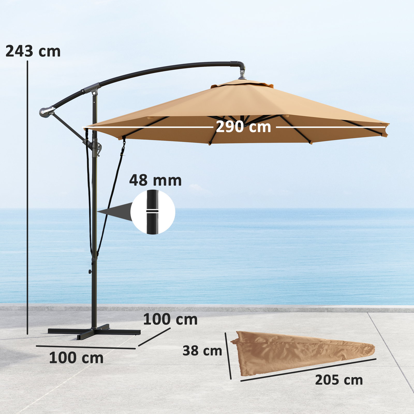 Chapéu de sol excêntrico ø 290 cm chapéu de sol de jardim com base cruzada capa de proteção e corda de vento cáqui