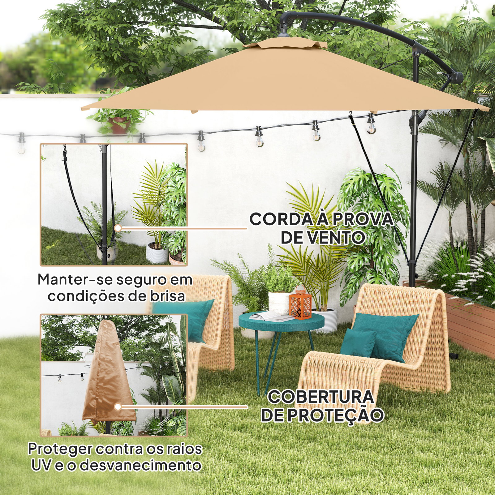 Chapéu de sol excêntrico ø 290 cm chapéu de sol de jardim com base cruzada capa de proteção e corda de vento cáqui