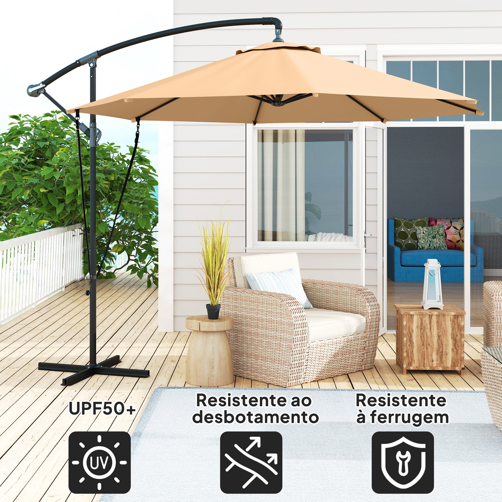 Chapéu de sol excêntrico ø 290 cm chapéu de sol de jardim com base cruzada capa de proteção e corda de vento cáqui