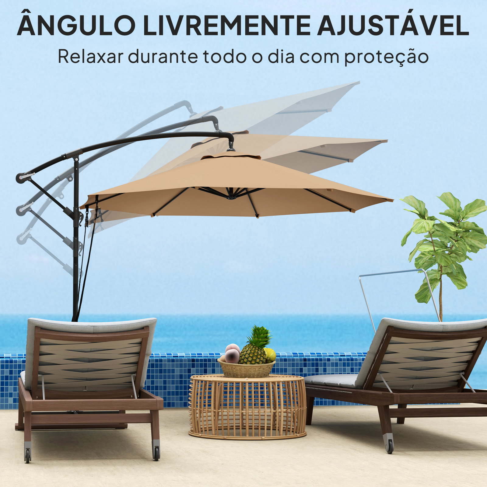 Chapéu de sol excêntrico ø 290 cm chapéu de sol de jardim com base cruzada capa de proteção e corda de vento cáqui