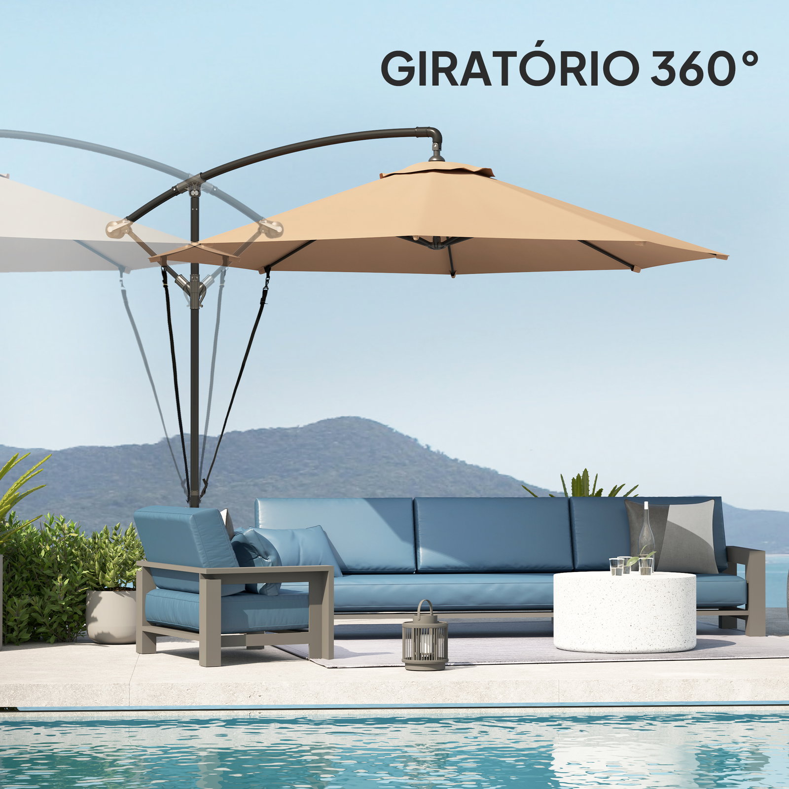 Chapéu de sol excêntrico ø 290 cm chapéu de sol de jardim com base cruzada capa de proteção e corda de vento cáqui
