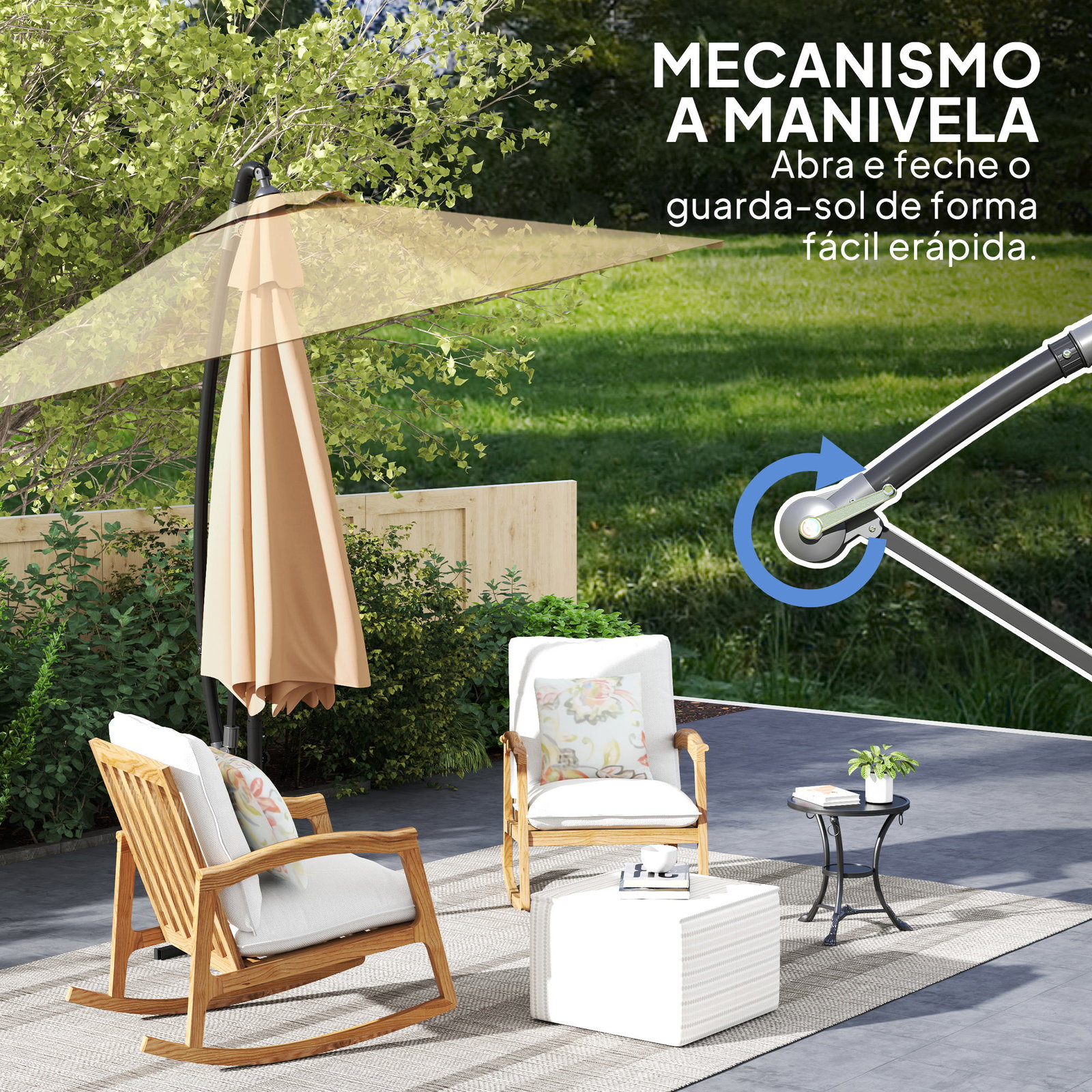 Chapéu de sol excêntrico ø 290 cm chapéu de sol de jardim com base cruzada capa de proteção e corda de vento cáqui