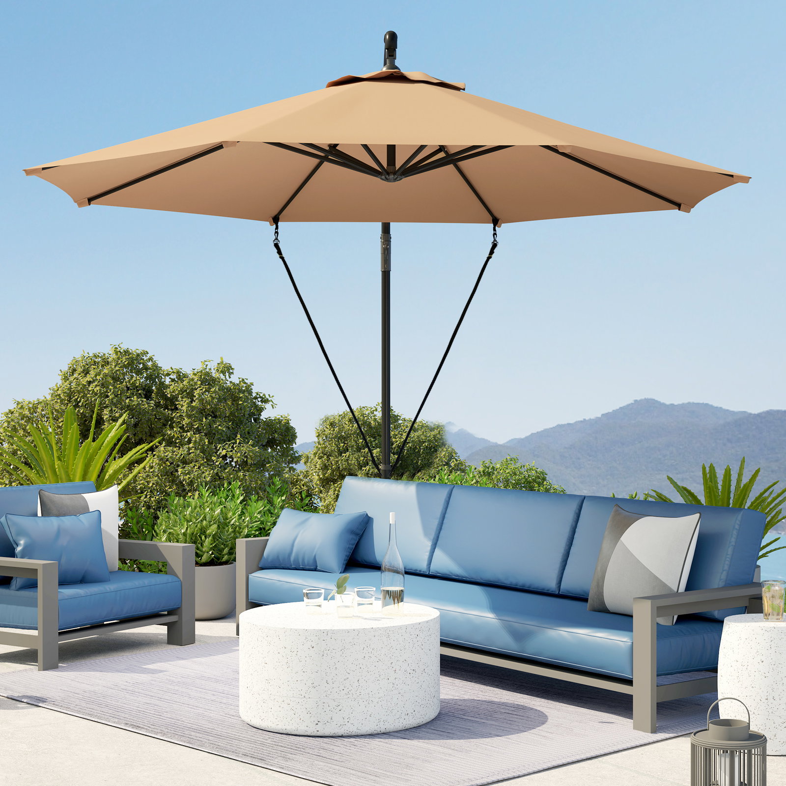 Chapéu de sol excêntrico ø 290 cm chapéu de sol de jardim com base cruzada capa de proteção e corda de vento cáqui