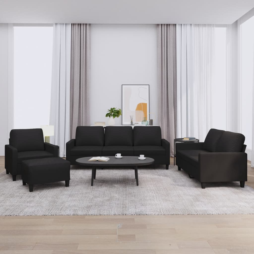 4 Pcs conjunto de sofás com almofadões couro artificial preto