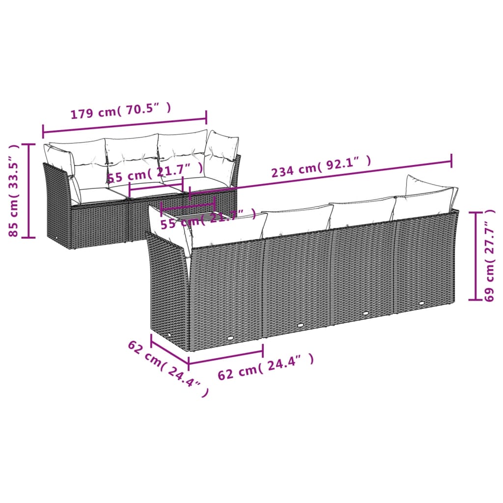 8 Pcs conjunto sofás de jardim com almofadões vime PE preto