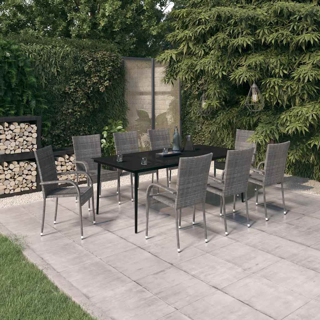 9 Pcs conjunto de jantar para jardim cinza e preto