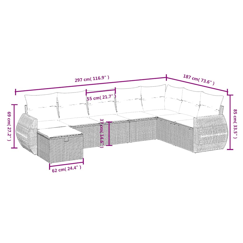8 Pcs conjunto sofás de jardim com almofadões vime PE preto