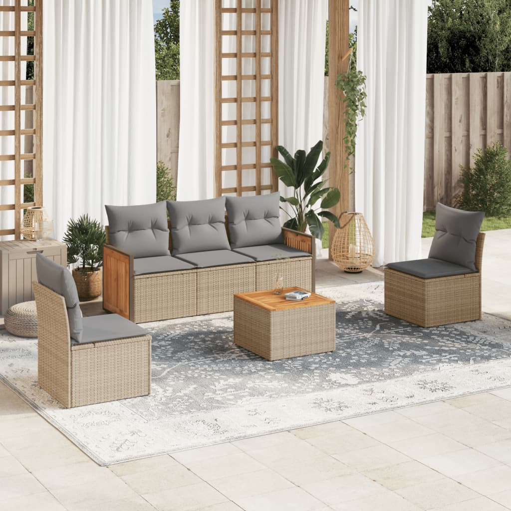 6 Pcs conjunto de sofás p/ jardim com almofadões vime PE bege