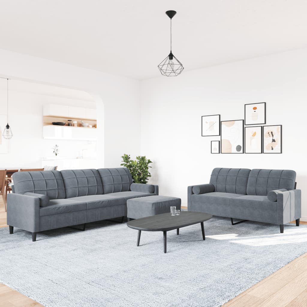 3 Pcs conjunto sofás com almofadões e rolos veludo cinza-escuro