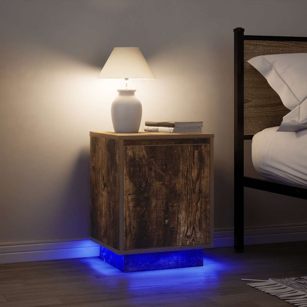 Mesas cabeceira c/ luzes LED 2 pcs 38x34x50 cm carvalho fumado