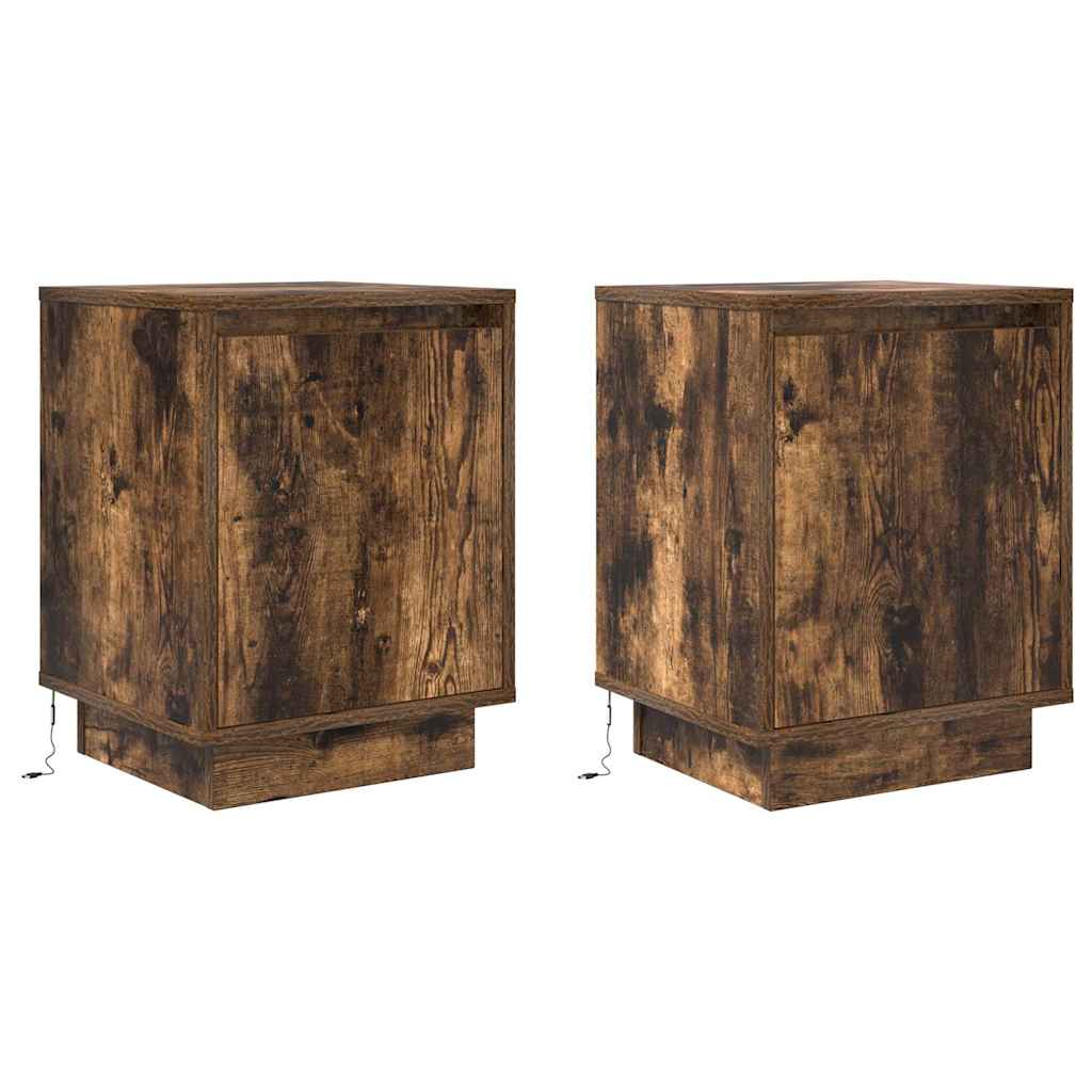 Mesas cabeceira c/ luzes LED 2 pcs 38x34x50 cm carvalho fumado