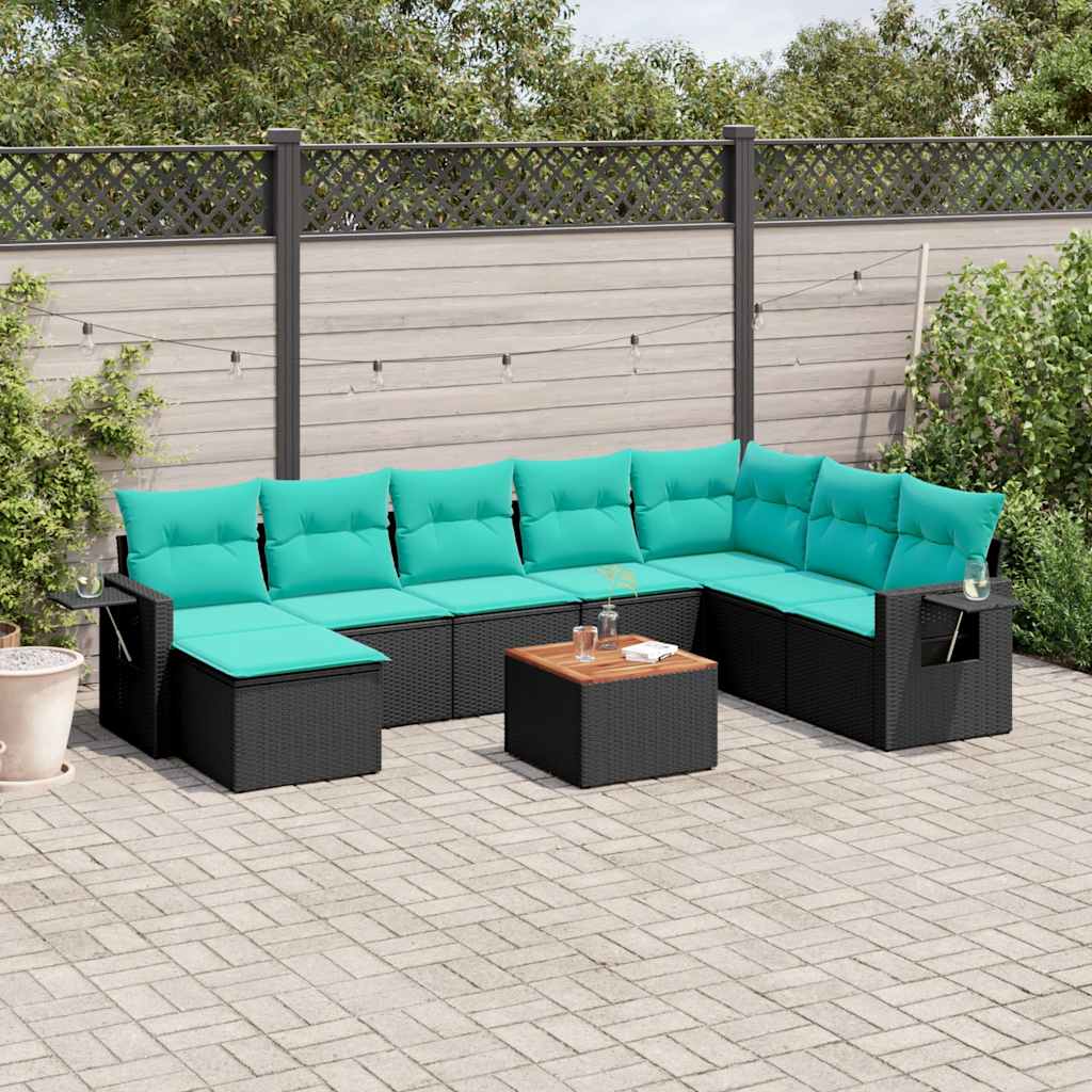 Conjunto de sofá de jardim de 9 peças com almofadas em rattan sintético preto