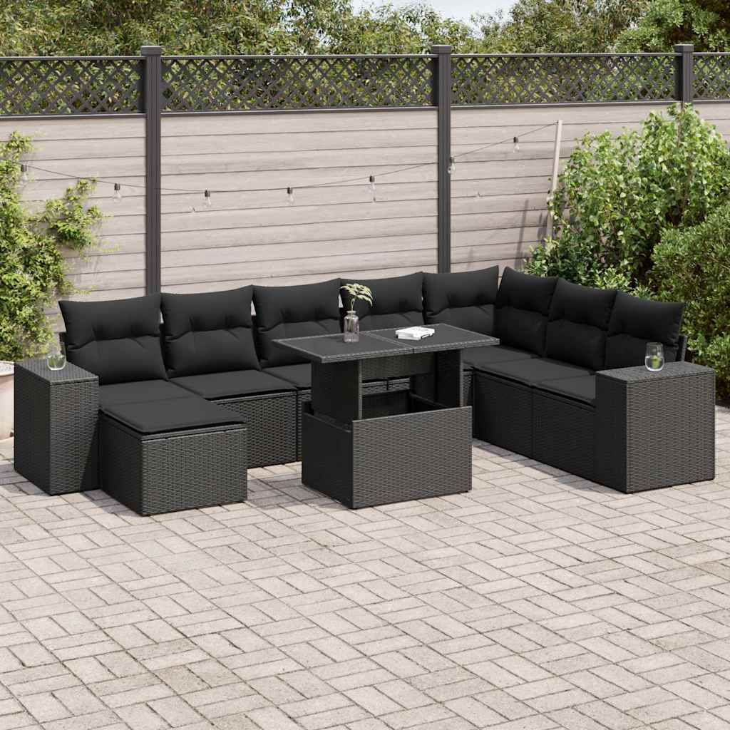 9 Pcs conjunto de sofás p/ jardim c/ almofadões vime PE preto