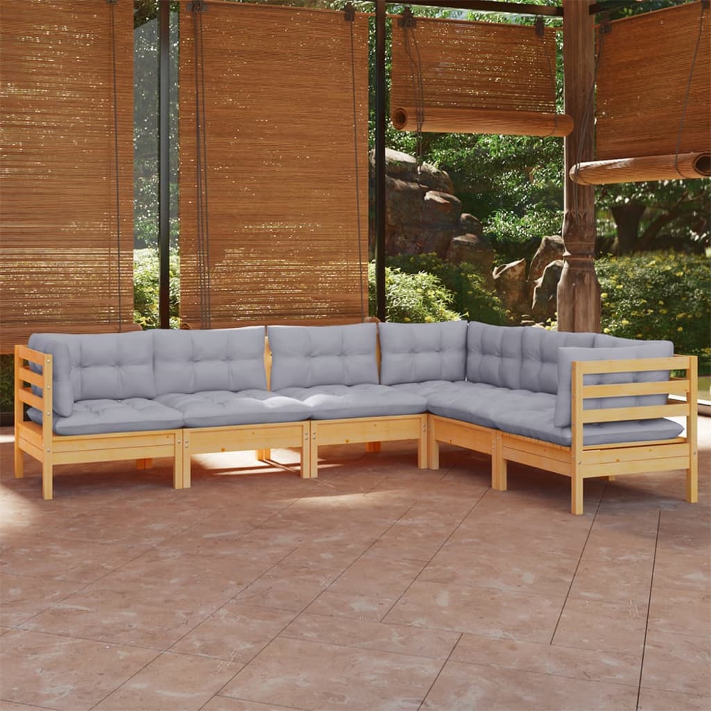 6 Pcs conjunto lounge de jardim + almofadões cinza pinho maciço