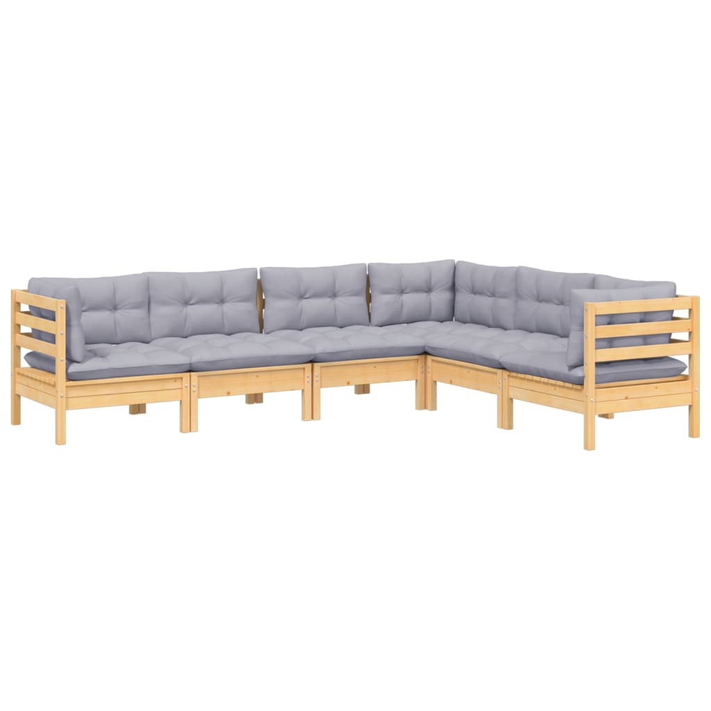 6 Pcs conjunto lounge de jardim + almofadões cinza pinho maciço