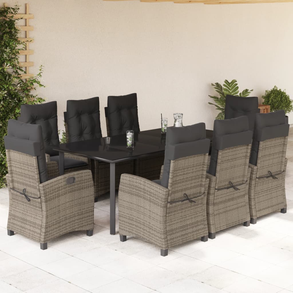 9 Pcs conjunto de jantar p/ jardim c/ almofadões vime PE cinza
