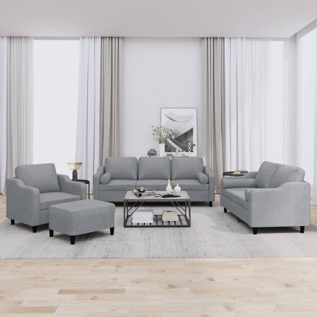4 Pcs conjunto de sofás com almofadas tecido cinzento-claro