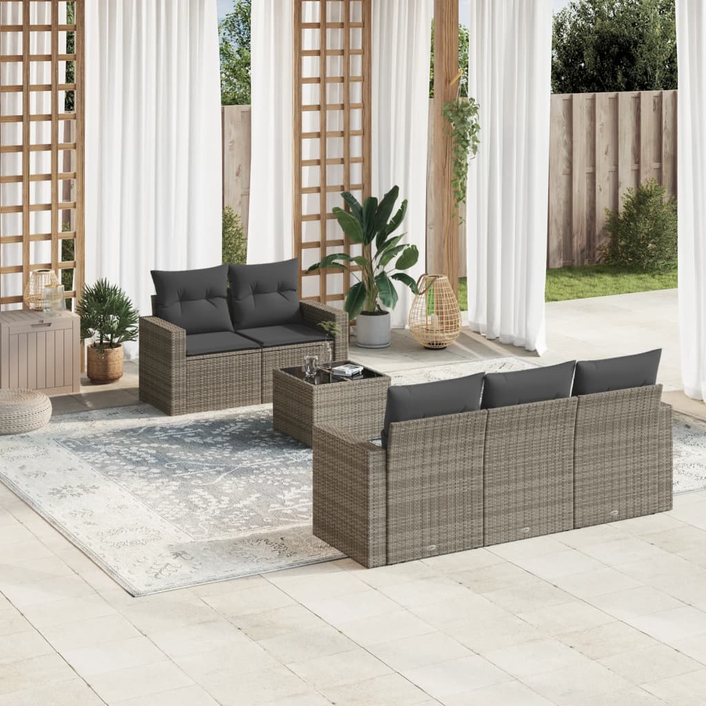 6 Pcs conjunto sofás de jardim com almofadões vime cinzento