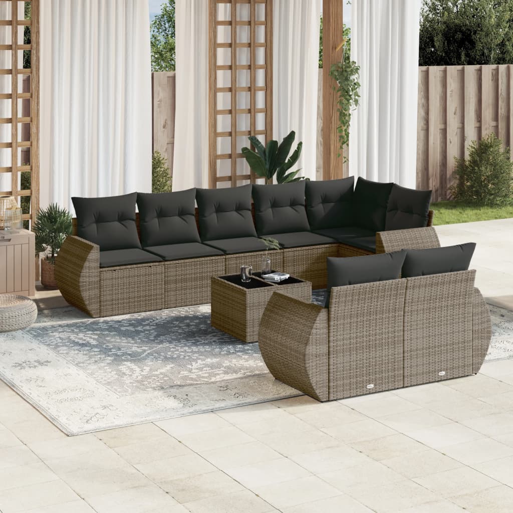 9 Pcs conjunto sofás p/ jardim com almofadões vime PE cinzento