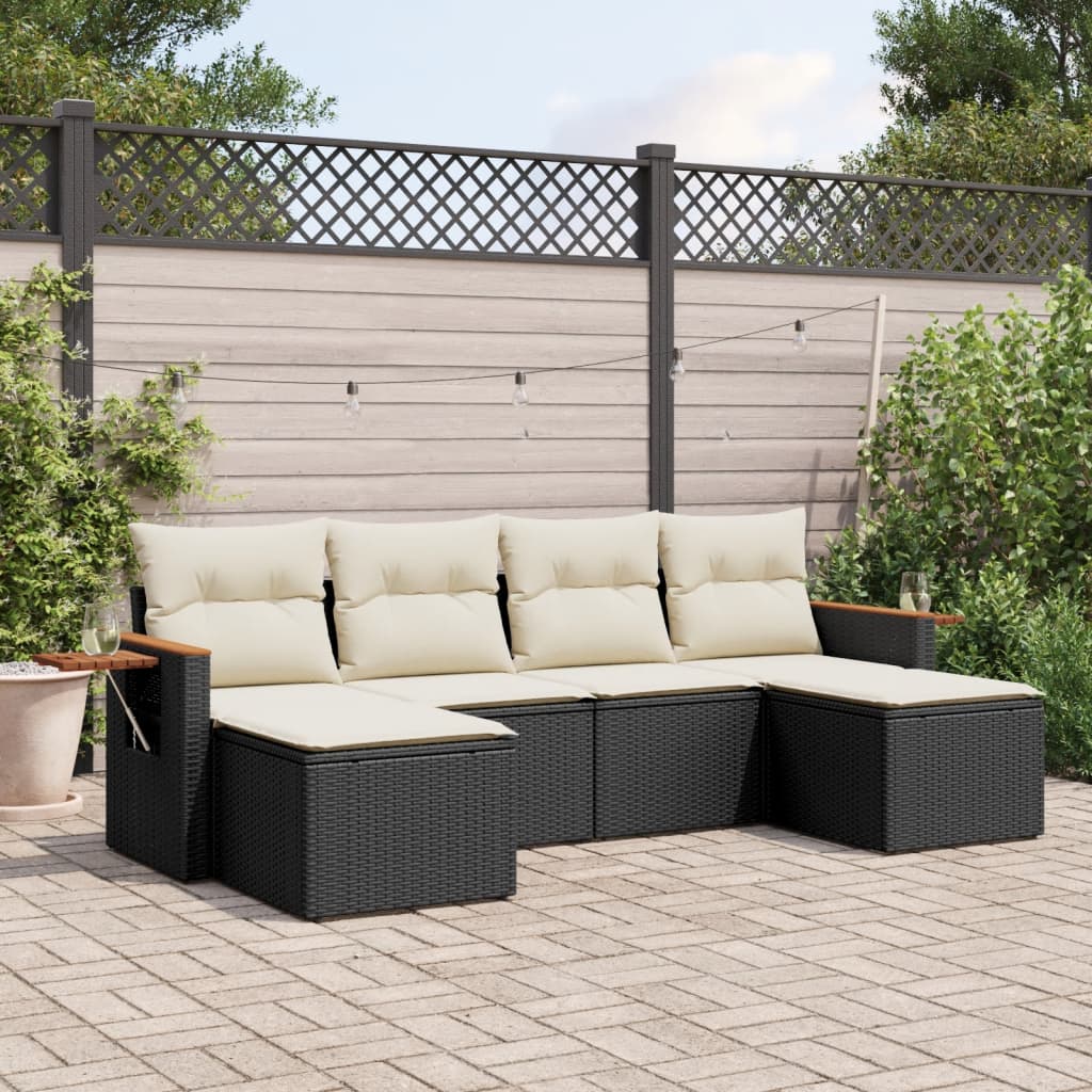 6 Pcs conjunto sofás de jardim c/ almofadões vime PE preto