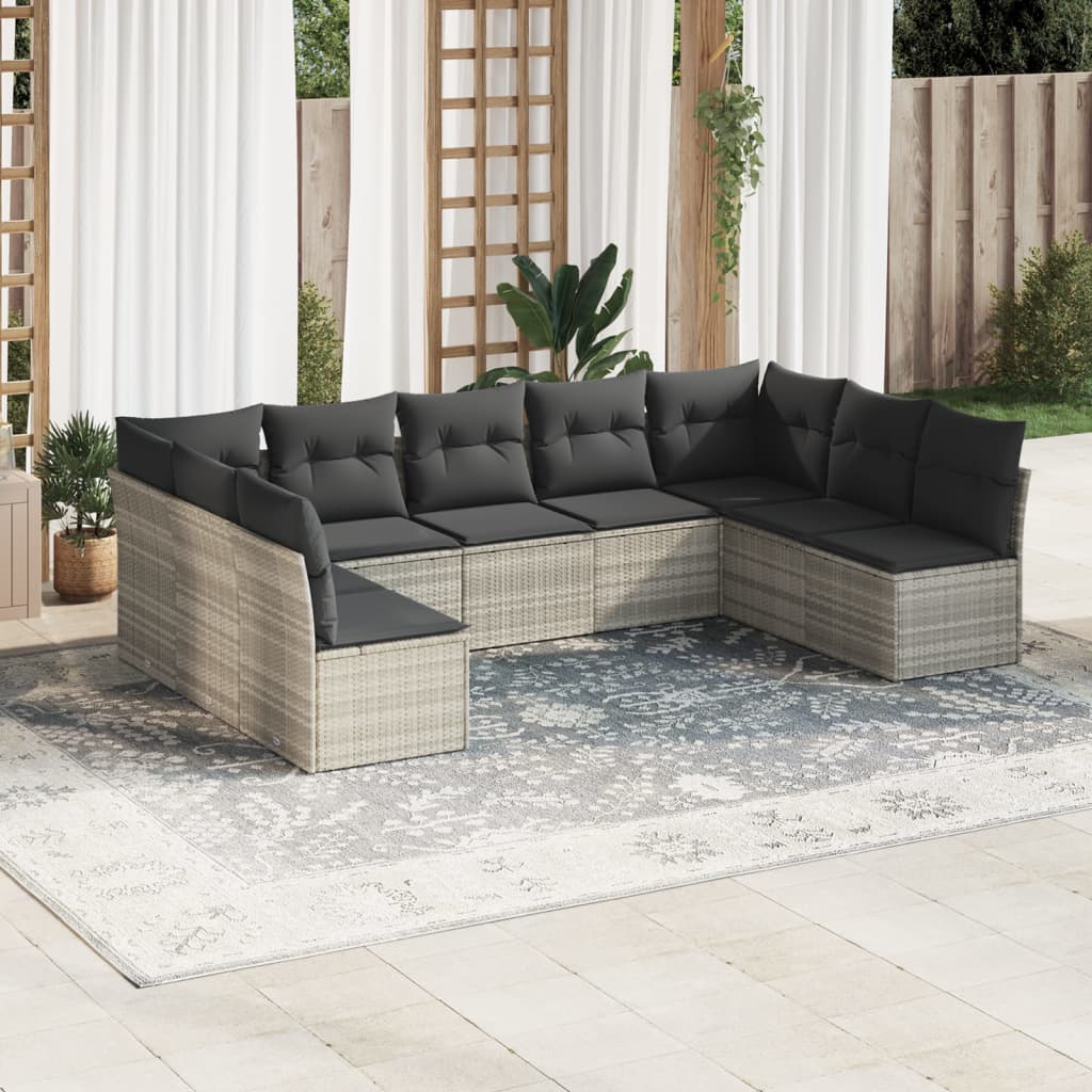 9 Pcs conj. sofás jardim com almofadões vime PE cinzento-claro