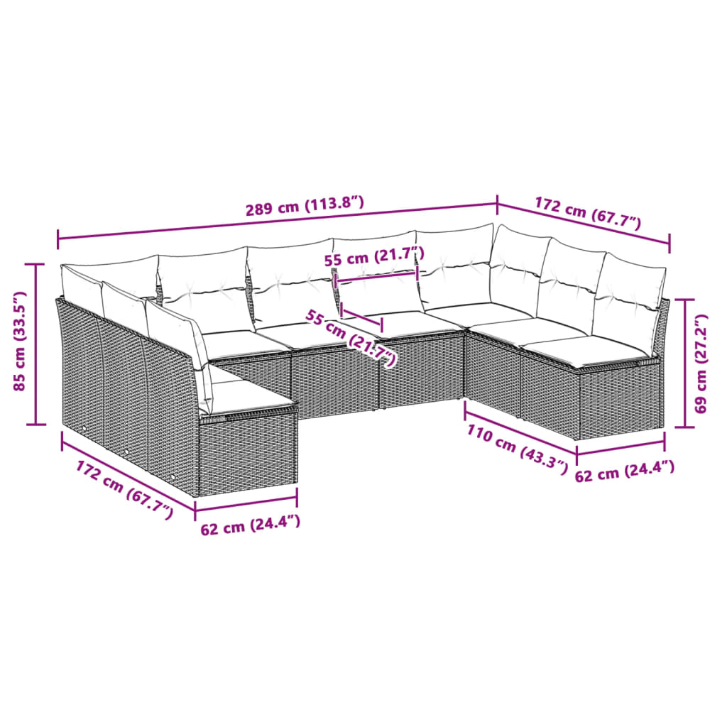 9 Pcs conj. sofás jardim com almofadões vime PE cinzento-claro