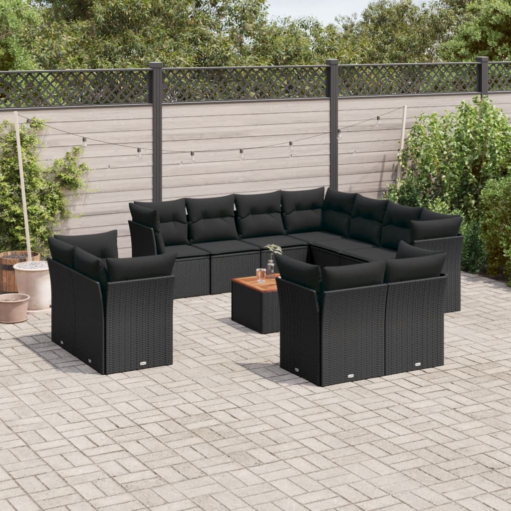 12 Pcs conjunto de sofás de jardim c/ almofadões vime PE preto