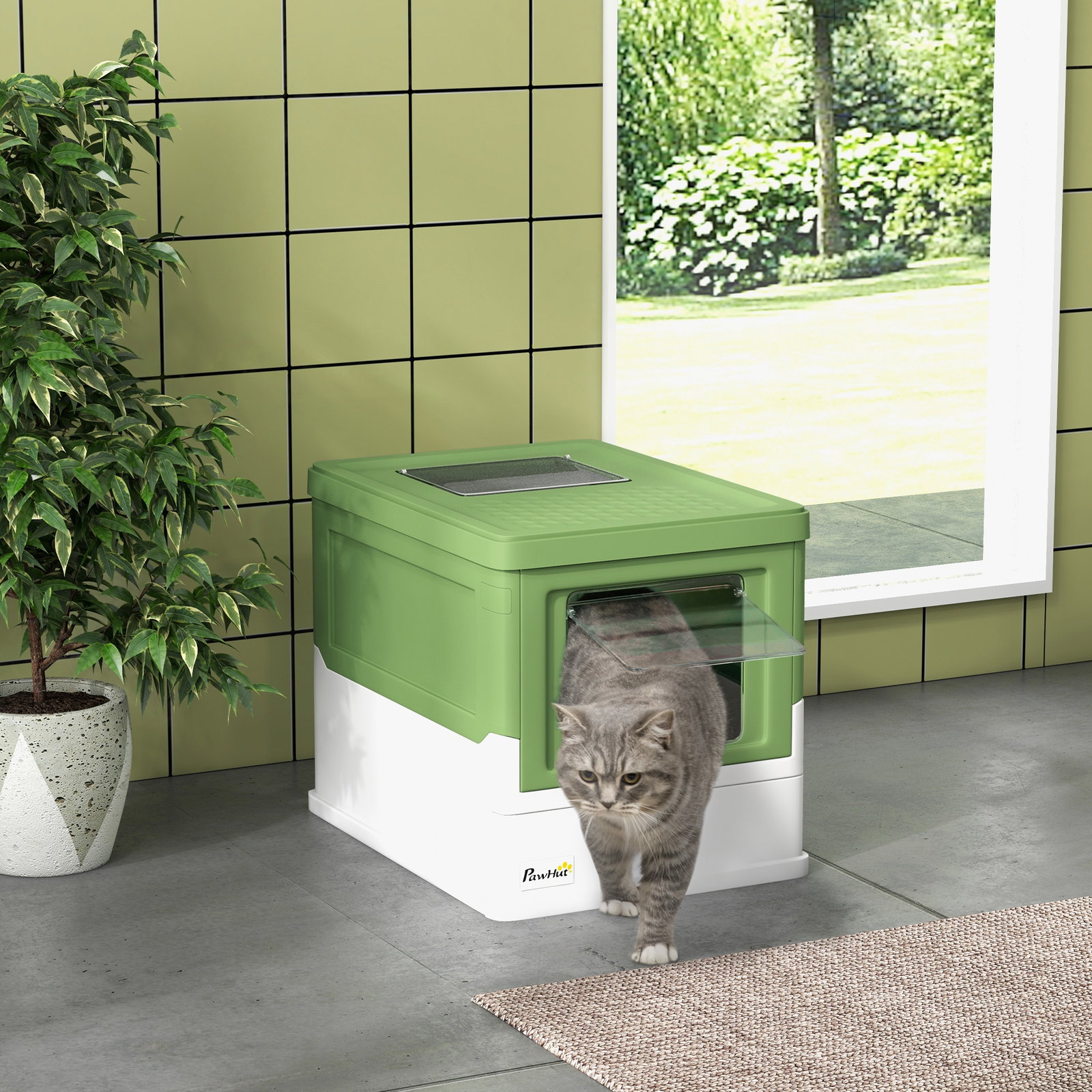 Caixa de areia para gatos dobrável caixa de areia para gatos fechada com bandeja removível 47,5x35,5x36,7cm verde claro