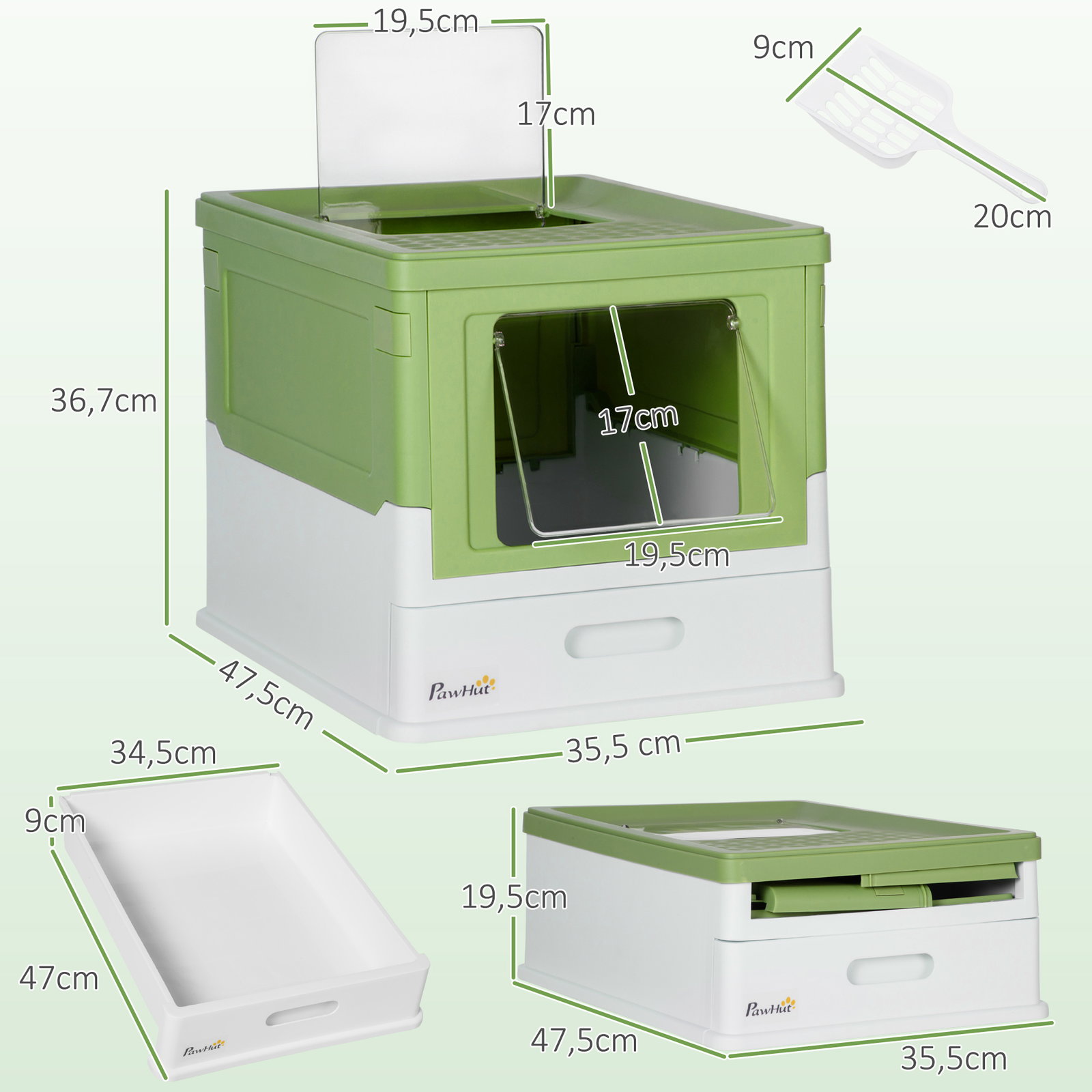Caixa de areia para gatos dobrável caixa de areia para gatos fechada com bandeja removível 47,5x35,5x36,7cm verde claro