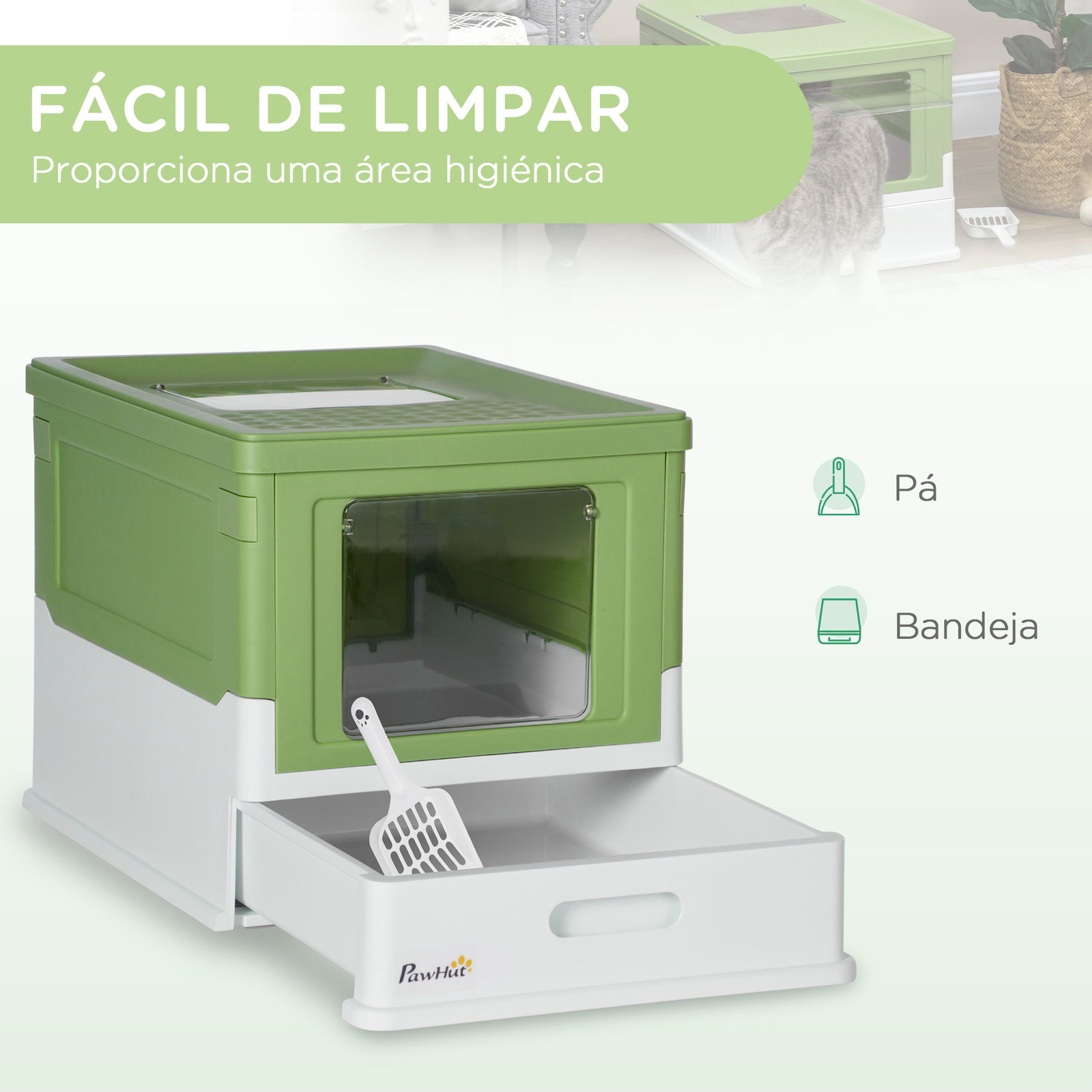 Caixa de areia para gatos dobrável caixa de areia para gatos fechada com bandeja removível 47,5x35,5x36,7cm verde claro