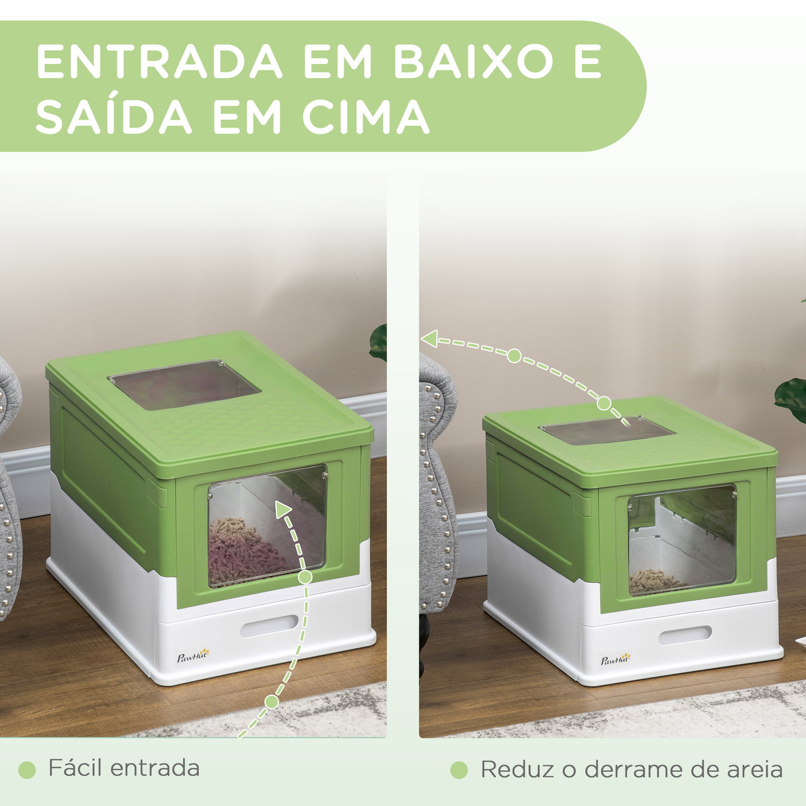 Caixa de areia para gatos dobrável caixa de areia para gatos fechada com bandeja removível 47,5x35,5x36,7cm verde claro