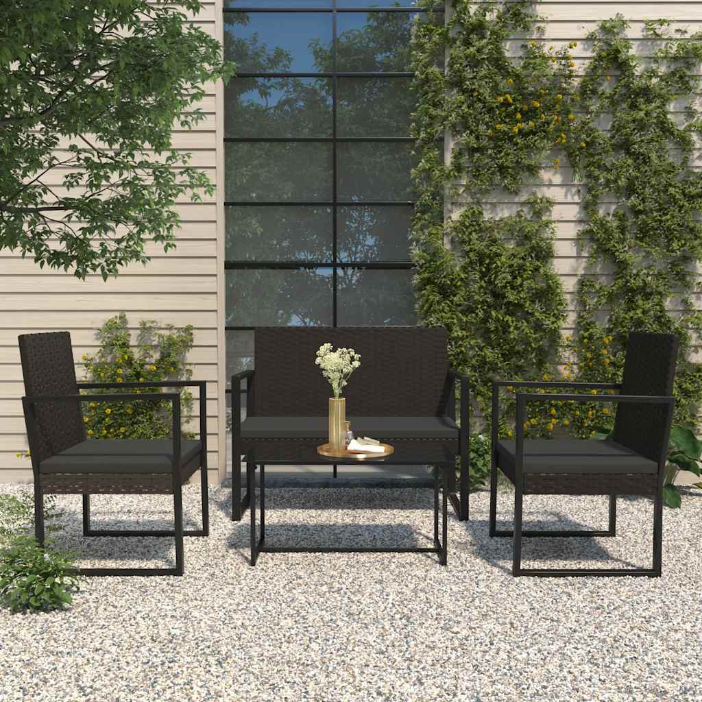 4 Pcs conjunto lounge de jardim c/ almofadões vime PE preto