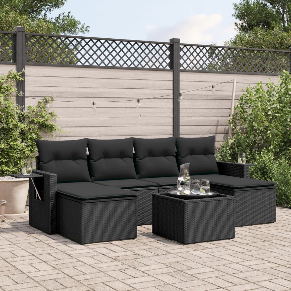 7 Pcs conjunto de sofás p/ jardim c/ almofadões vime PE preto