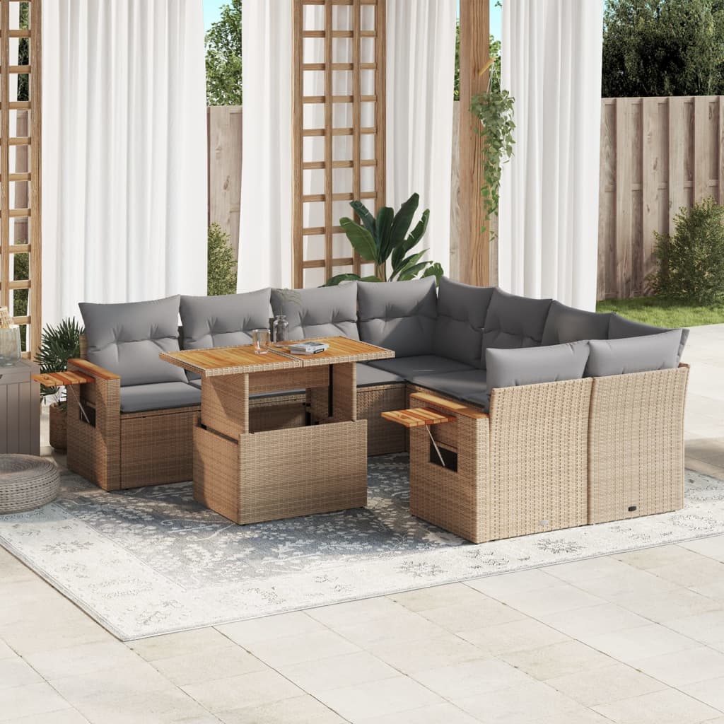 9 Pcs conjunto de sofás p/ jardim com almofadões vime PE bege