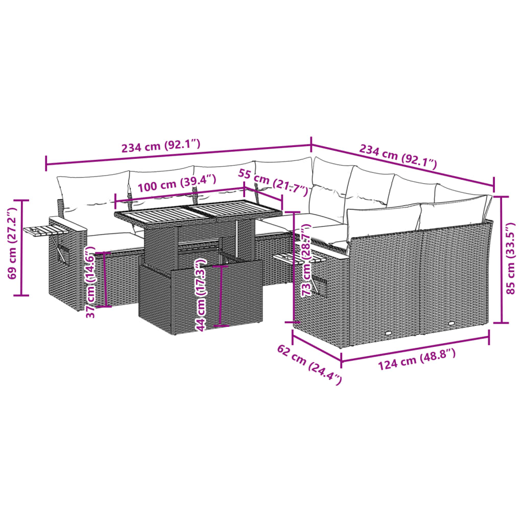 9 Pcs conjunto de sofás p/ jardim com almofadões vime PE bege