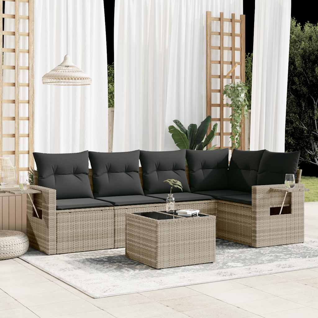 6 Pcs conj. sofás jardim com almofadões vime PE cinzento-claro