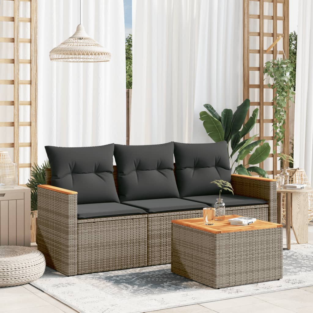 4 Pcs conjunto sofás de jardim c/ almofadões vime PE cinzento