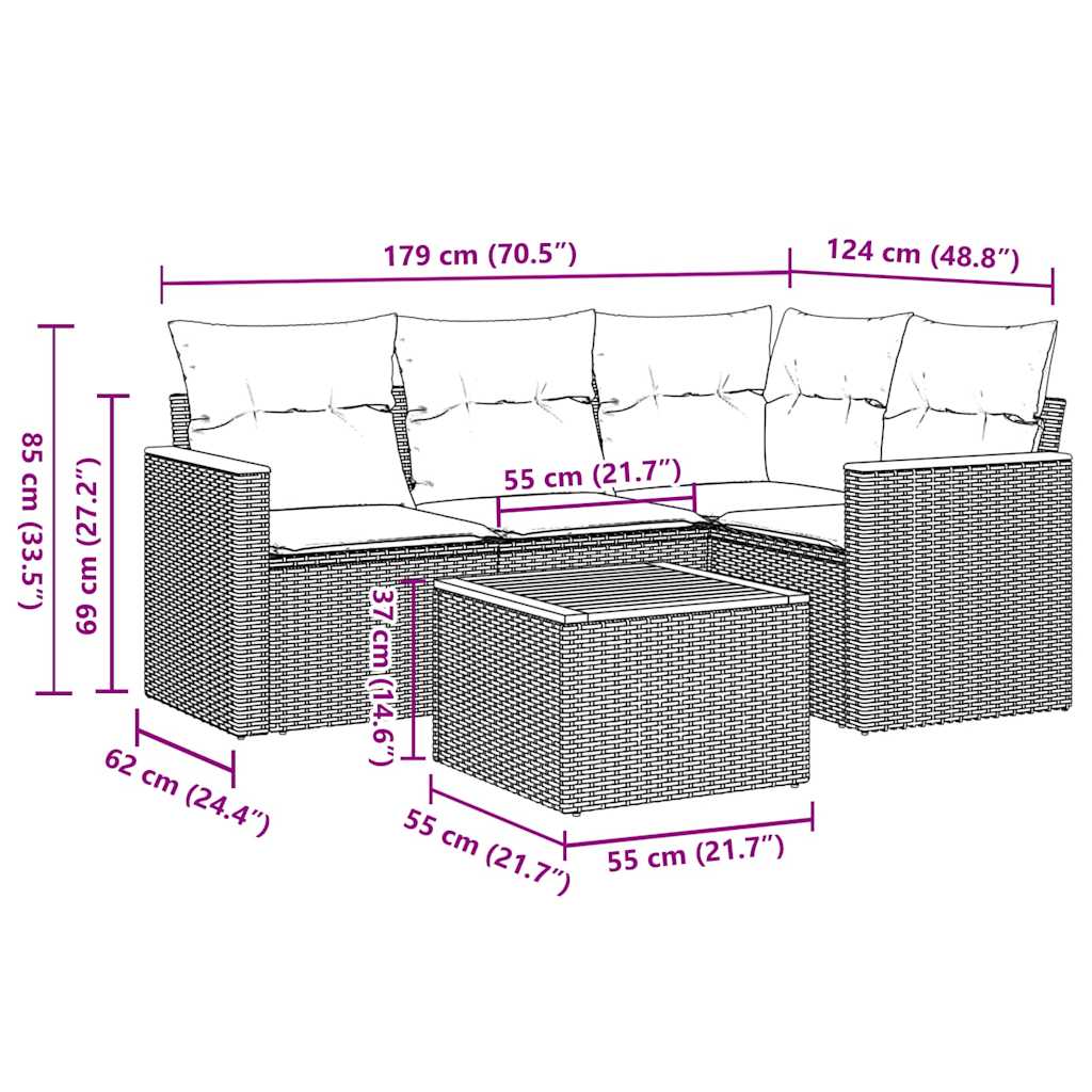 5 Pcs conjunto sofás de jardim com almofadões vime PE preto