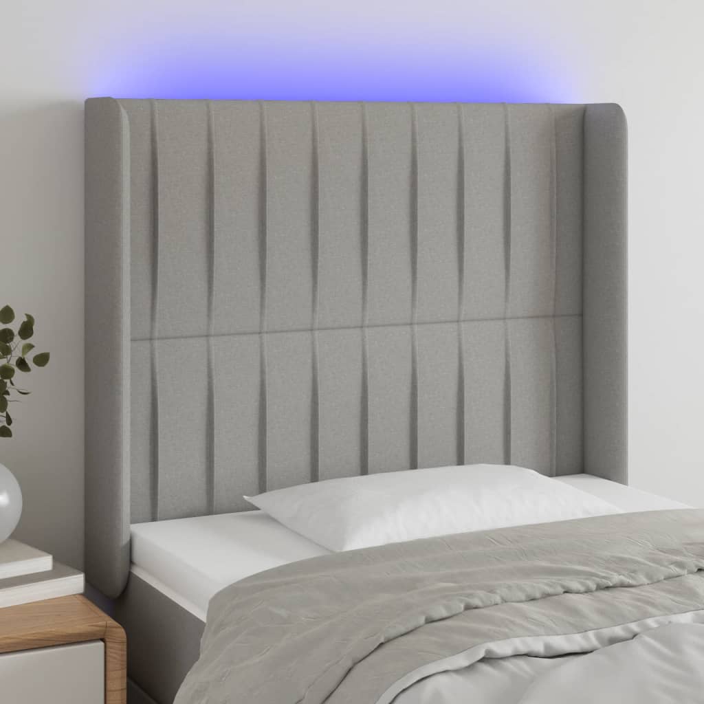Cabeceira cama c/ luzes LED tecido 93x16x118/128 cm cinza-claro